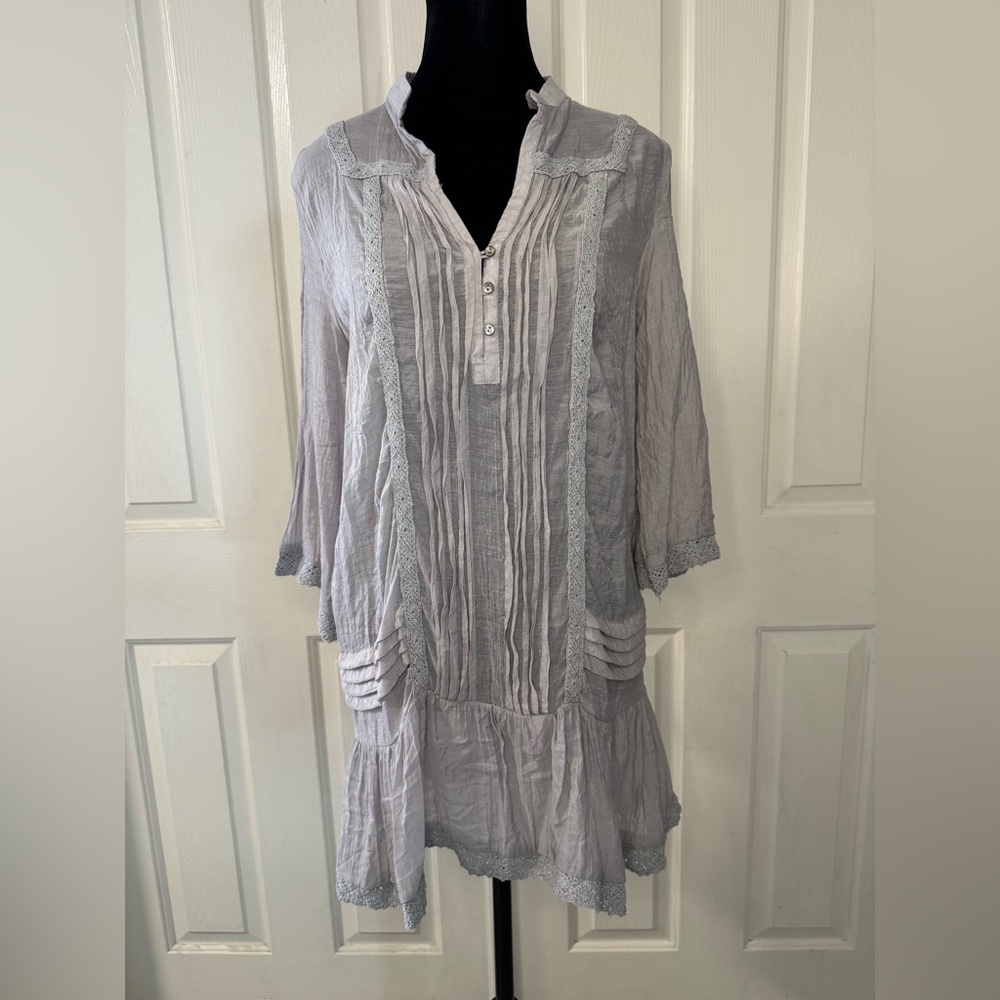 Anthropologie Solitaire Silk Cotton Dress Magnolia Grey Pin Tuck Bohemian Medium